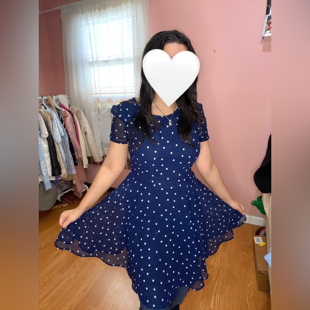 Navy blue mini dress shirt with white polka dots